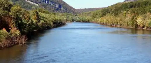 Delaware River winding through the wooded Delaware Water Gap, New Jersey